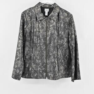 CHICOS Jacket Womens Size XL Barrett Shimmering Scroll Dark Gray Gold Zip‎ Front